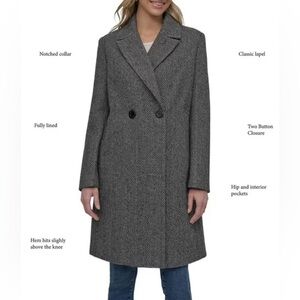 DKNY Women's Double Breasted Faux Wool Top Coat/Overcoat Grey/Black Herringbone